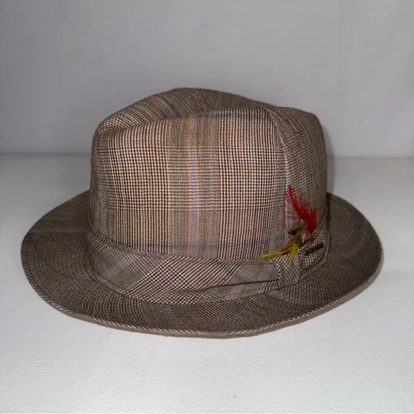 Vintage Stetson Beige‎ Plaid Fedora Hat with Feather Accent